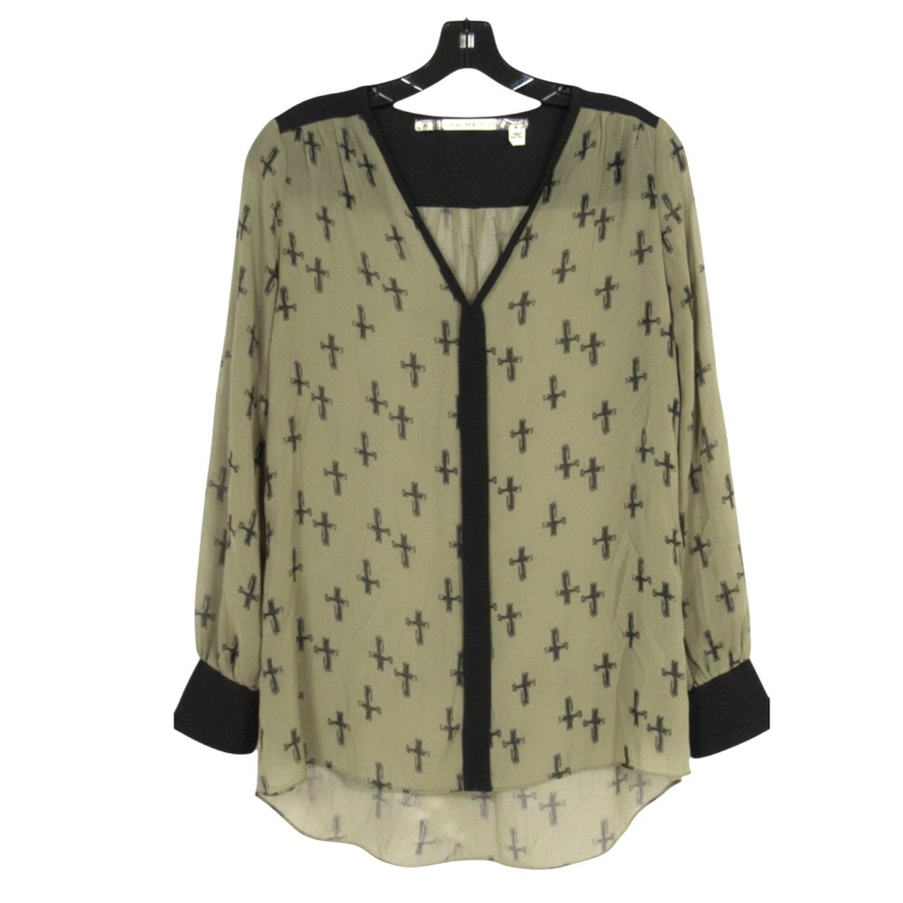 CHELSEA & VIOLET Green w/Black CROSSES Sheer CHIFFON V-Neck BLOUSE/TUNIC TOP XS